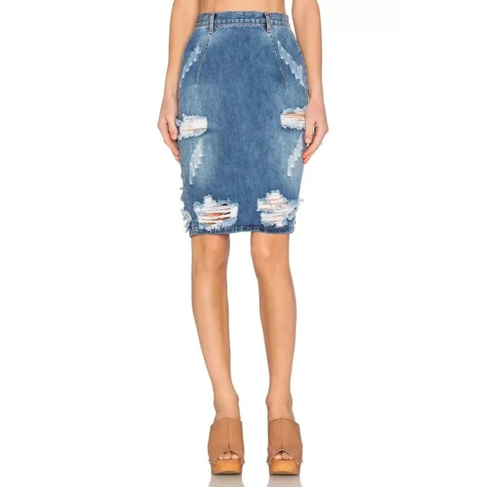 NWT ONE by One Teaspoon FreeLove in Vintage Blue Destroyed Denim Pencil Skirt 22